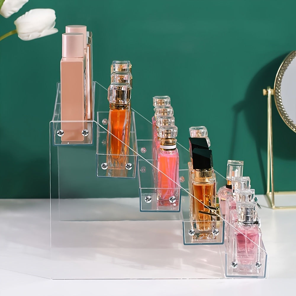 Clear Five-Tier Makeup Organizer with Stepped Compartments for Perfume, Lipstick, Skincare and Vanity Countertop Storage