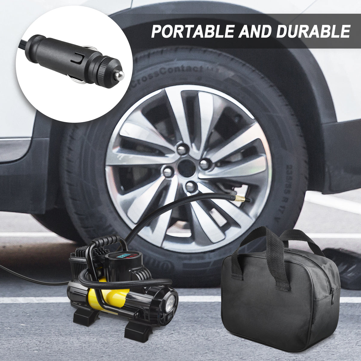 150 PSI 12V Tire Inflator with Analog Pressure Gauge, Carry Bag, Hose Accessories and Yellow or Blue Housing