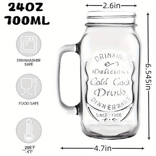 24oz Mason Jar Drinking Glasses with Handle 4 Pack – Party Beverage Cups, Dishwasher Safe Glass Mugs