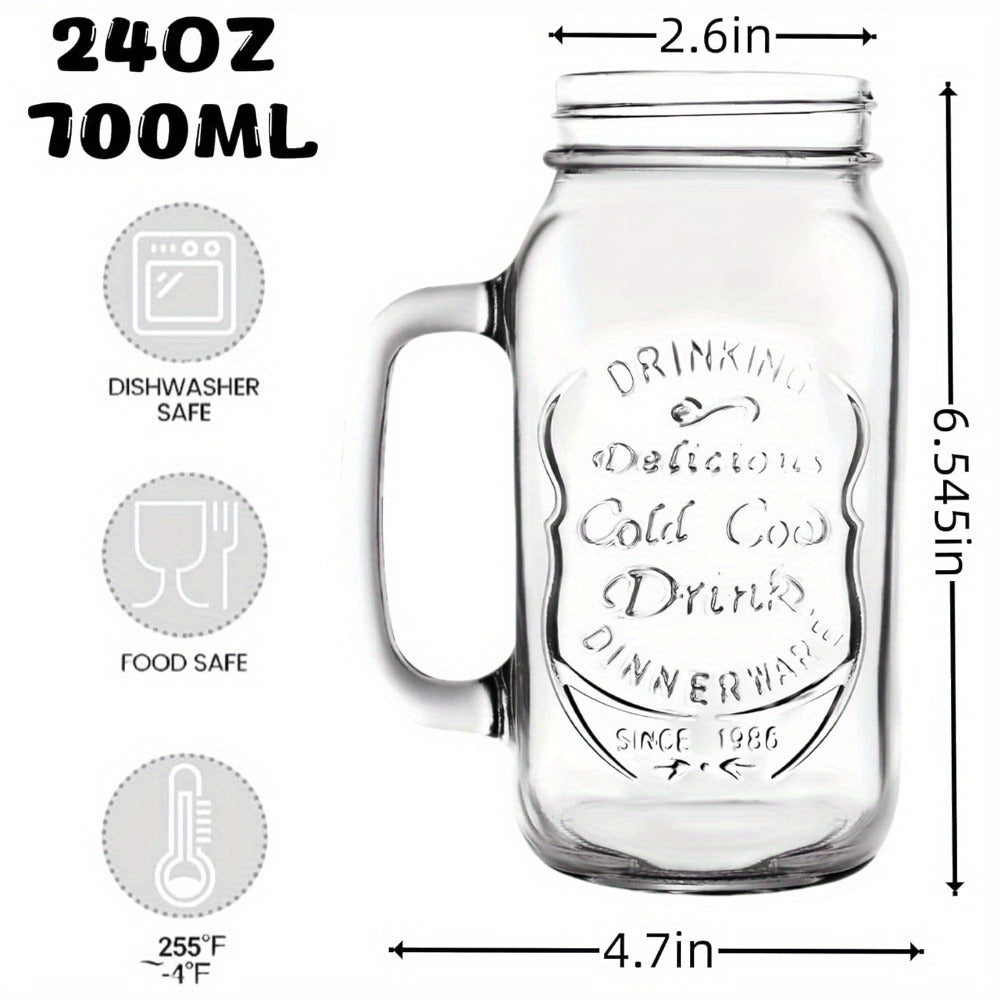 Handled Mason Jar Drinking Glasses, Four-Piece 24-Ounce Set with 700 ml Capacity Labels for Cold Beverages