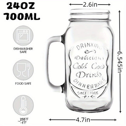 Handled Mason Jar Drinking Glasses, Four-Piece 24-Ounce Set with 700 ml Capacity Labels for Cold Beverages