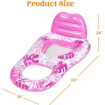 Pink Tropical Inflatable Pool Recliner Float, 60 x 36 x 24 Inches with Mesh Seat and Cup Holder