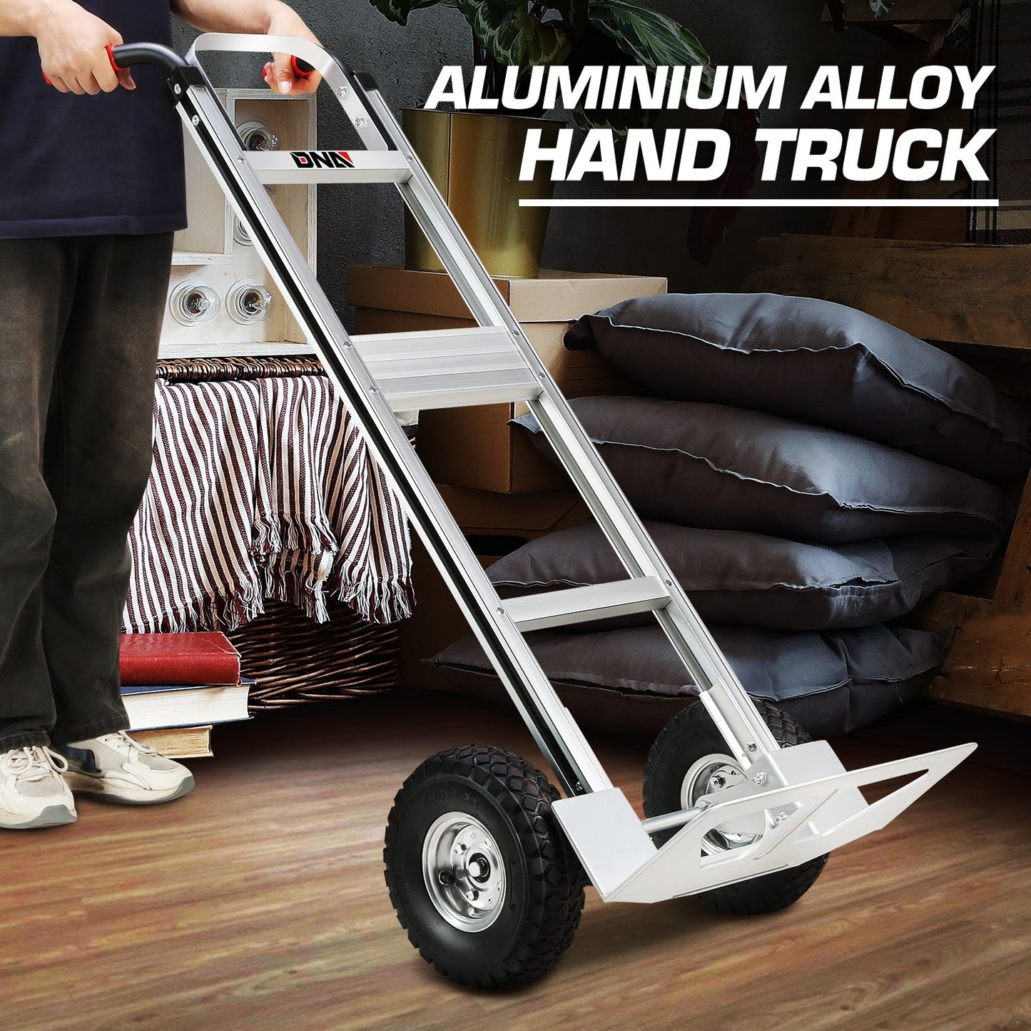 Upright Aluminum Hand Truck with Folding Toe Plate, 10-Inch Pneumatic Tires and 550 lb Load Label