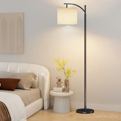 Black Arched Floor Lamp with Beige Drum Shade, Downward-Facing Light and Included 9W Three-Mode LED Bulb