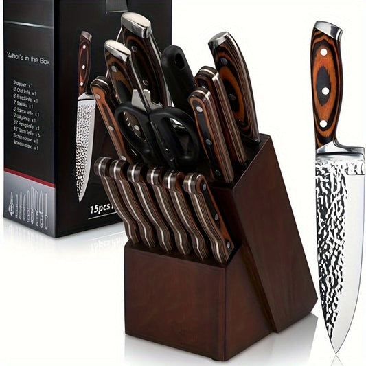 Kitchen Knife Set 15-Piece Hammered Stainless Steel with Steak Knives and Self-Sharpening Wood Block