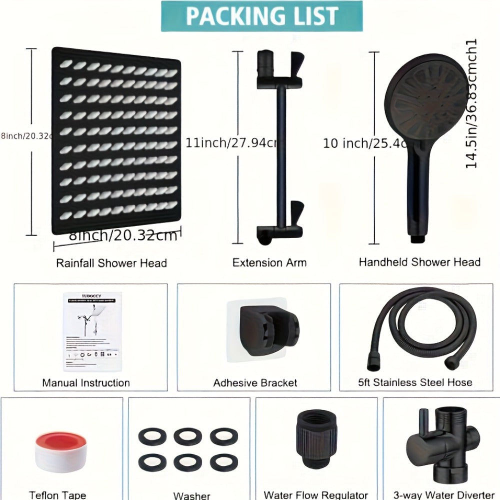 Nine-Setting High-Pressure Shower Head Combo with Handheld Wand, Hose and Adjustable Wall Mount