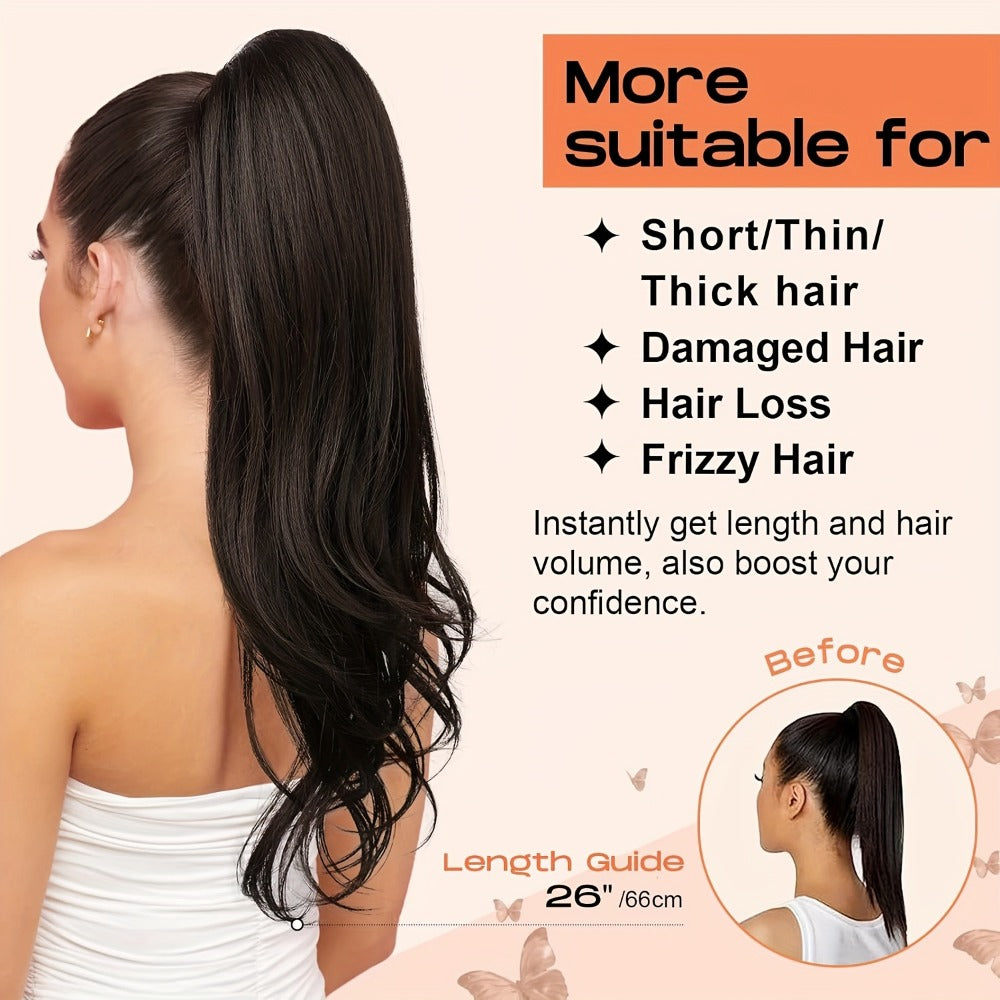 26-Inch Drawstring Wavy Ponytail Extension with Wraparound Clip in Ten Color and Style Options