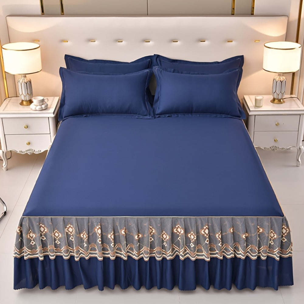 Macrame Lace Bed Skirt Set 3pcs – Double Layer Non-Slip Bed Skirt with 2 Pillowcases All Seasons Twin Full Queen King