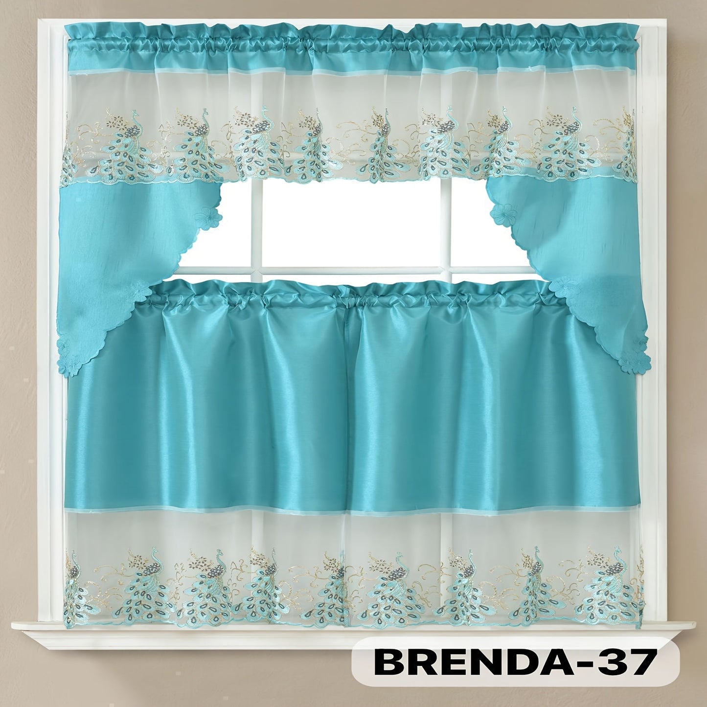 Three-Piece Patterned Kitchen Curtain Set with One Valance, Two Tiers and Forty-Six Exact Design Options