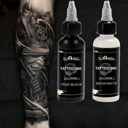 Tattoo Ink Black & White Set 1.01oz — High Brightness Fine Particle Formula, Permanent Body Ink, Needle & Machine Compatible for Professional Studios & Hobbyists