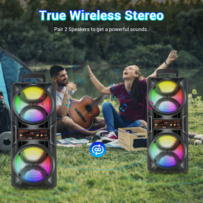 Portable PA Speaker Dual-Woofer RGB Karaoke System with 1800mAh Battery, Wired Mic and Remote