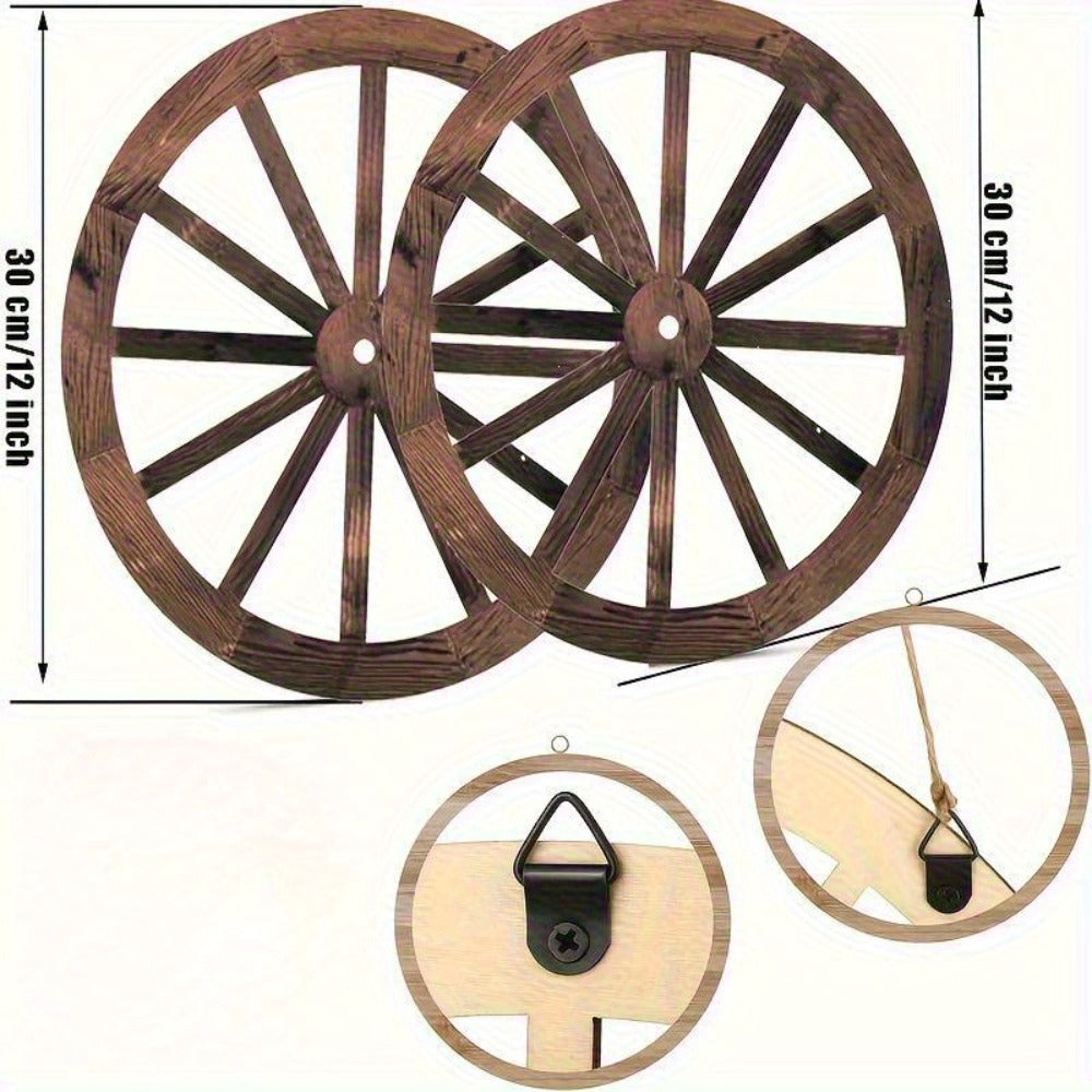 Rustic Carriage Wheel Wall Decor, Two-Piece Artificial Wood Set with Brown Grain-Look Finish and Hanging Loops