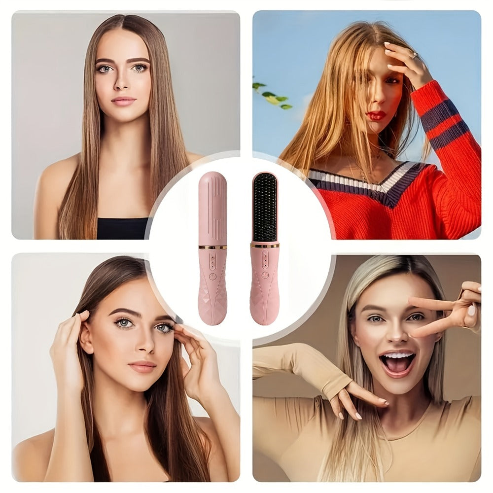 Cordless Hair Straightener Brush with USB-C Charging, Three Temperature Settings and Pink or Beige Finish