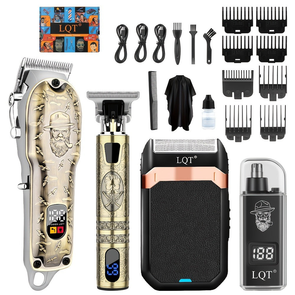 Electric Hair Clipper Set for Men - LQT USB Rechargeable 2000mAh with Engraving Scissors Metal Digital Display Cordless Barber Kit 2 3 4 Piece Home Salon Bronze Gift