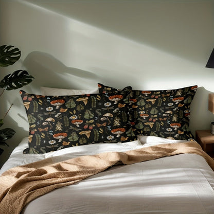 3-Piece Duvet Cover Set with Forest Mushroom and Leaf Print, Zipper Closure and Twin to King Sizes