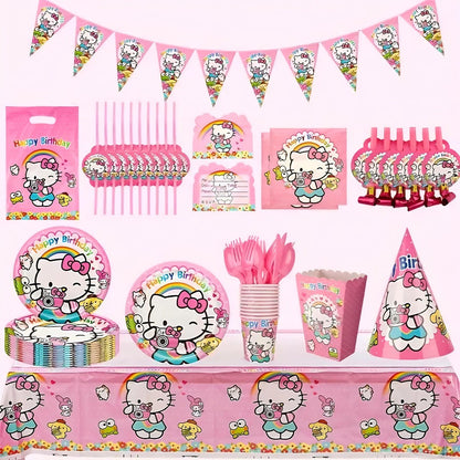 Hello Kitty Birthday Party Decorations 139-Piece Set – Sanrio Pink Tablecloth Dinnerware Balloon Kit for Girls Kids Party Supplies Complete Bundle