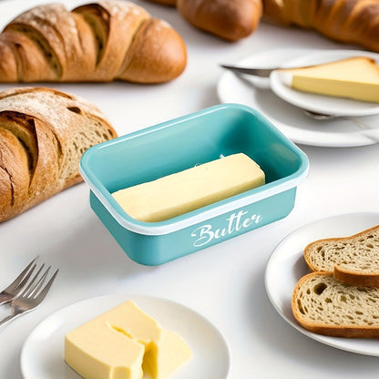 Black, Grey or Green Metal Butter Dish with Bamboo Lid, White-Handle Knife and 15.6 x 10.9 x 6 cm Size