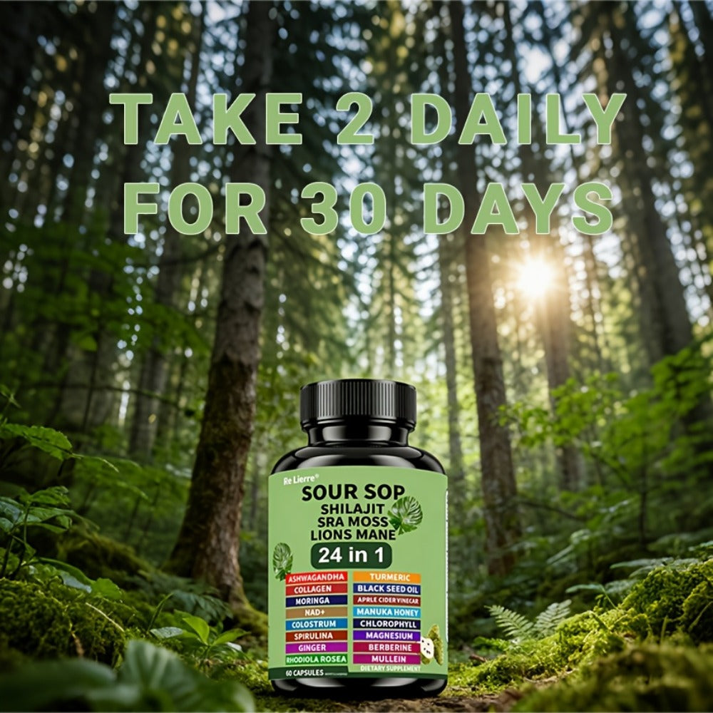 Dietary Supplement Sea Moss 24-in-1 Capsules with Soursop, Lion’s Mane and Shilajit, One or Two Bottles