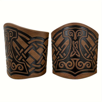Viking Leather Cuff Bracelet Set 2pcs Norse Mythology Mjolnir Vegvisir Embossed Wristband for Men Women Halloween Gift
