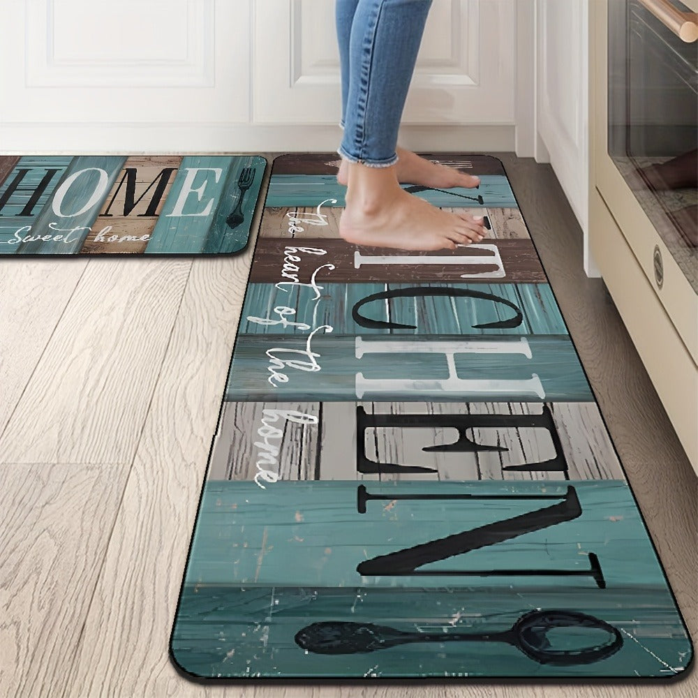 Two-Piece Green and Brown Wood-Plank Print Kitchen Mat Set with Two Exact Rectangular Sizes
