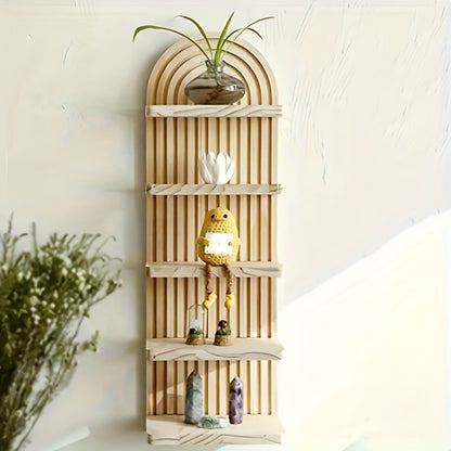 Oval Wood Wall Shelf with Arched Slat Frame, Horizontal Display Tiers and Three- or Five-Tier Options