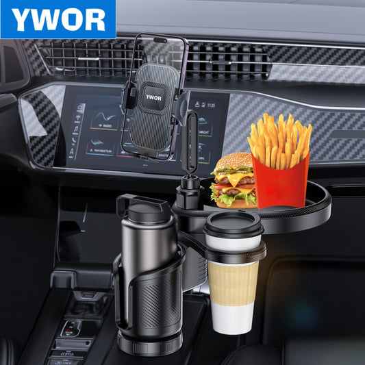 Car Cup Holder Expander 3-in-1 - Expandable Food Tray Table with Phone Mount for Road Trips, Universal Car Organizer for Eating & Drinks