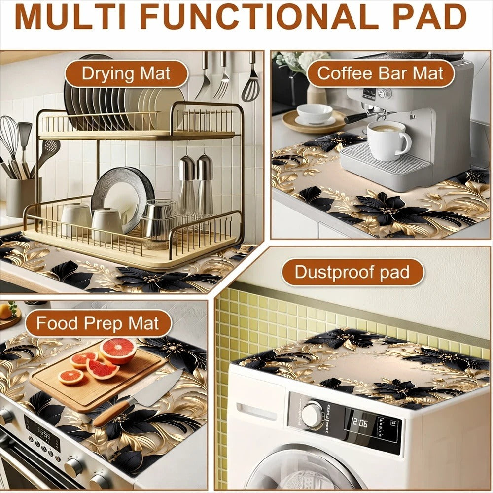 Black and Gold Floral Stove Protector Mat, 28.35 x 20.47 Inches with Beige Decorative Background