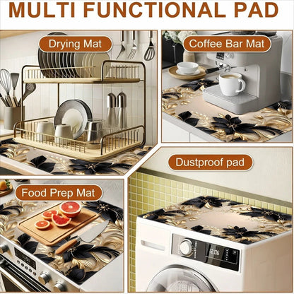 Black and Gold Floral Stove Protector Mat, 28.35 x 20.47 Inches with Beige Decorative Background