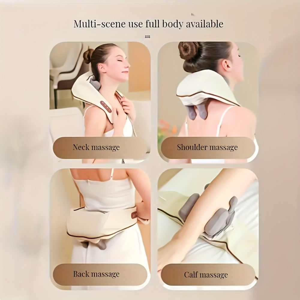 6-Node Wireless Neck and Shoulder Massager with Heat, Hands-Free Straps and Beige or White Color Options