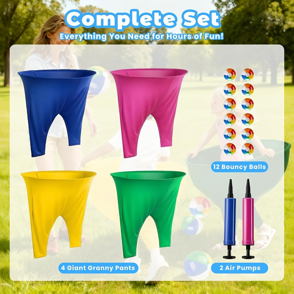 Inflatable Granny-Pants Yard Game Sets with One- or Two-Pants Options, 6 or 12 Balls and Pumps