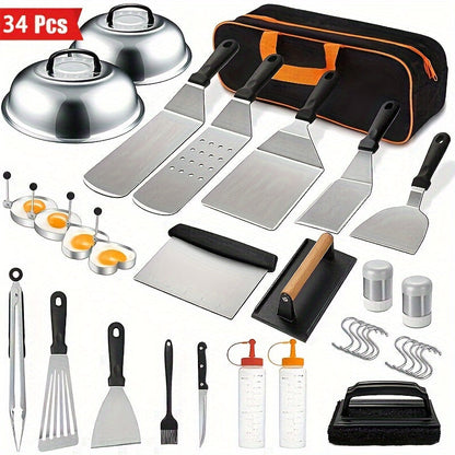 Griddle Accessories Kit 34 Piece Stainless Steel - Flat Top Grill Set with Enlarged Spatulas, Basting Cover, Scraper & BBQ Tools for Outdoor Blackstone Griddle Cooking, Barbecue Gift Set