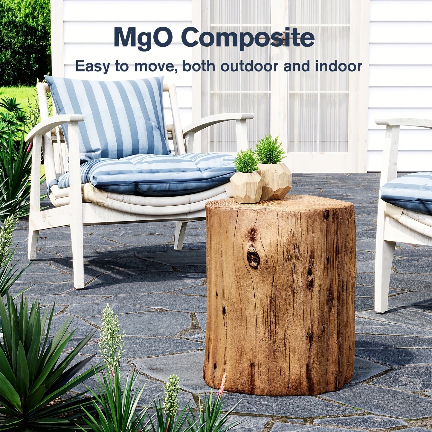 Outdoor Side Table Faux Wood Tree-Stump Design in Magnesia with 220-Pound Source Capacity and Brown Finish