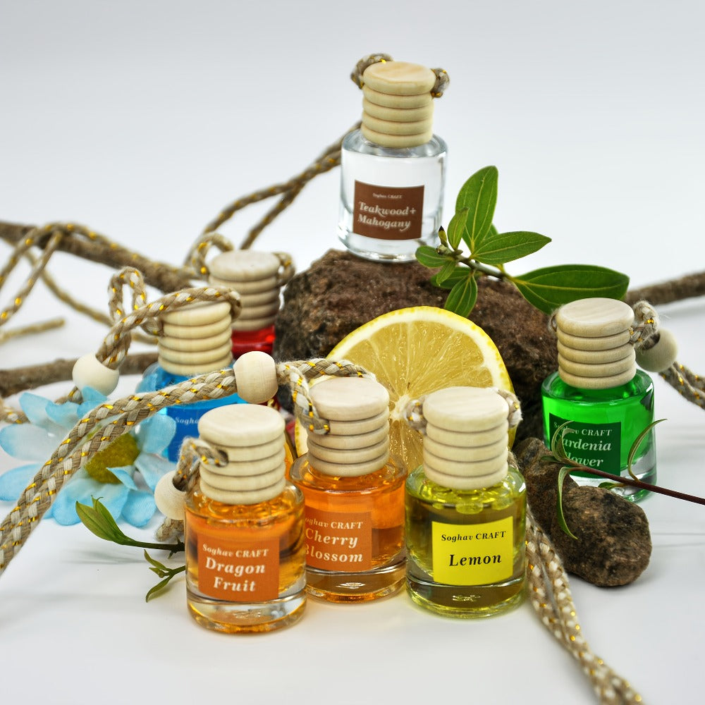 Car Air Freshener 18-Pack Hanging Diffuser Bottles with Six Random Scents and Adjustable Wood Caps