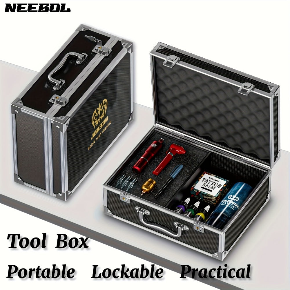 Black Hard-Sided Tattoo Tool Storage Case with Carry Handle, Latches and Pictured Interior Compartments