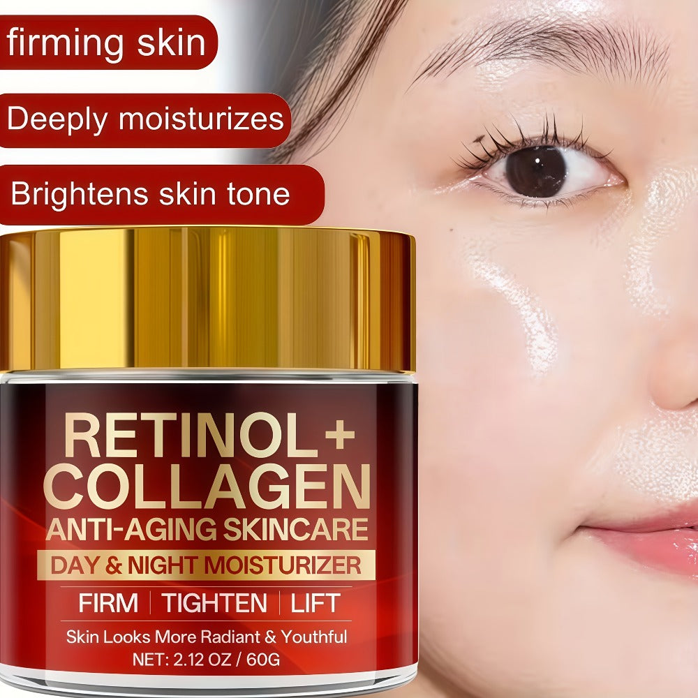 Two-Jar Day and Night Face Moisturizer Set with Retinol + Collagen Package Label and 60 g Jars