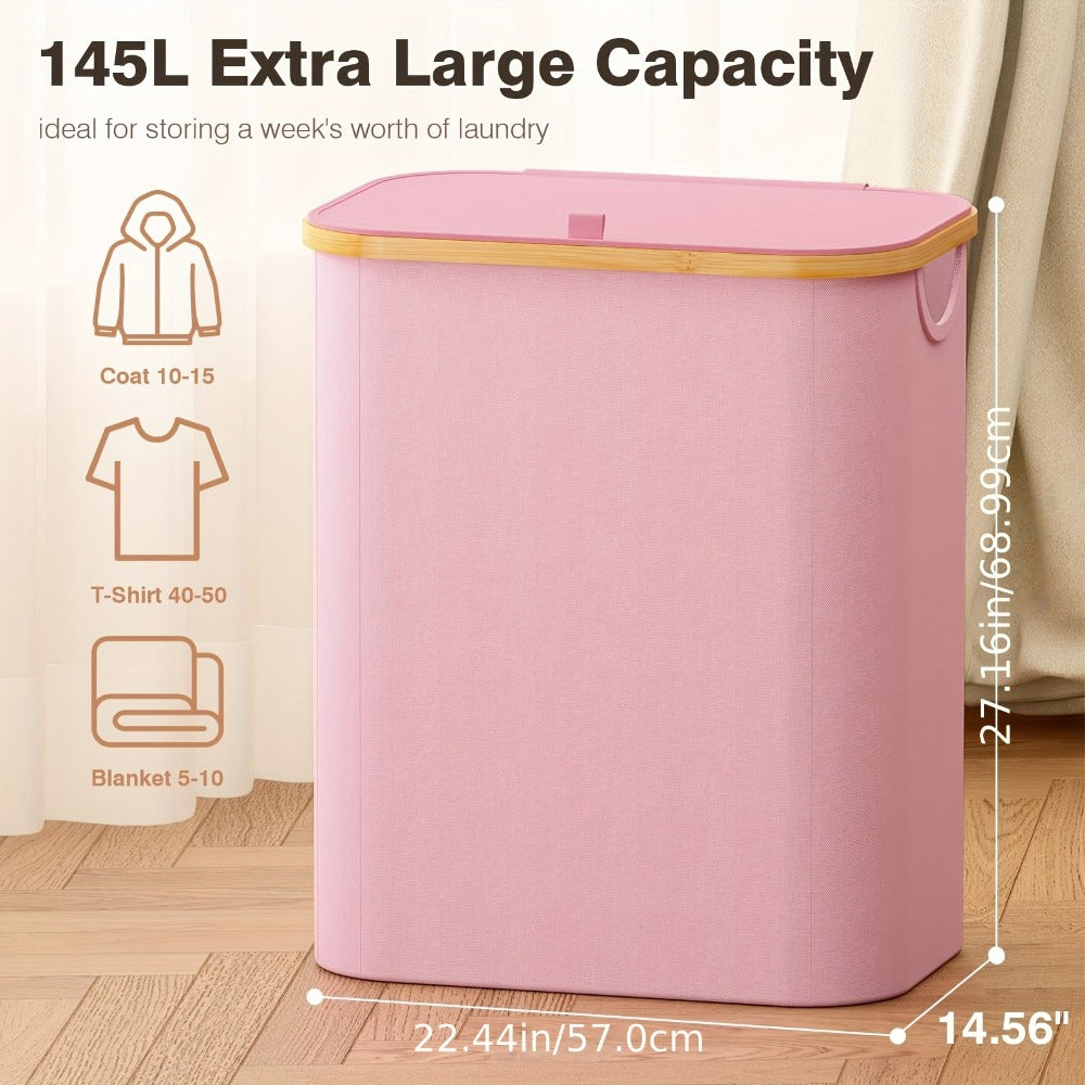 Pink 145L Laundry Hamper with Lid, Three Sorting Sections, Bamboo-Look Handles and Removable Inner Bags