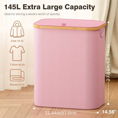 Pink 145L Laundry Hamper with Lid, Three Sorting Sections, Bamboo-Look Handles and Removable Inner Bags