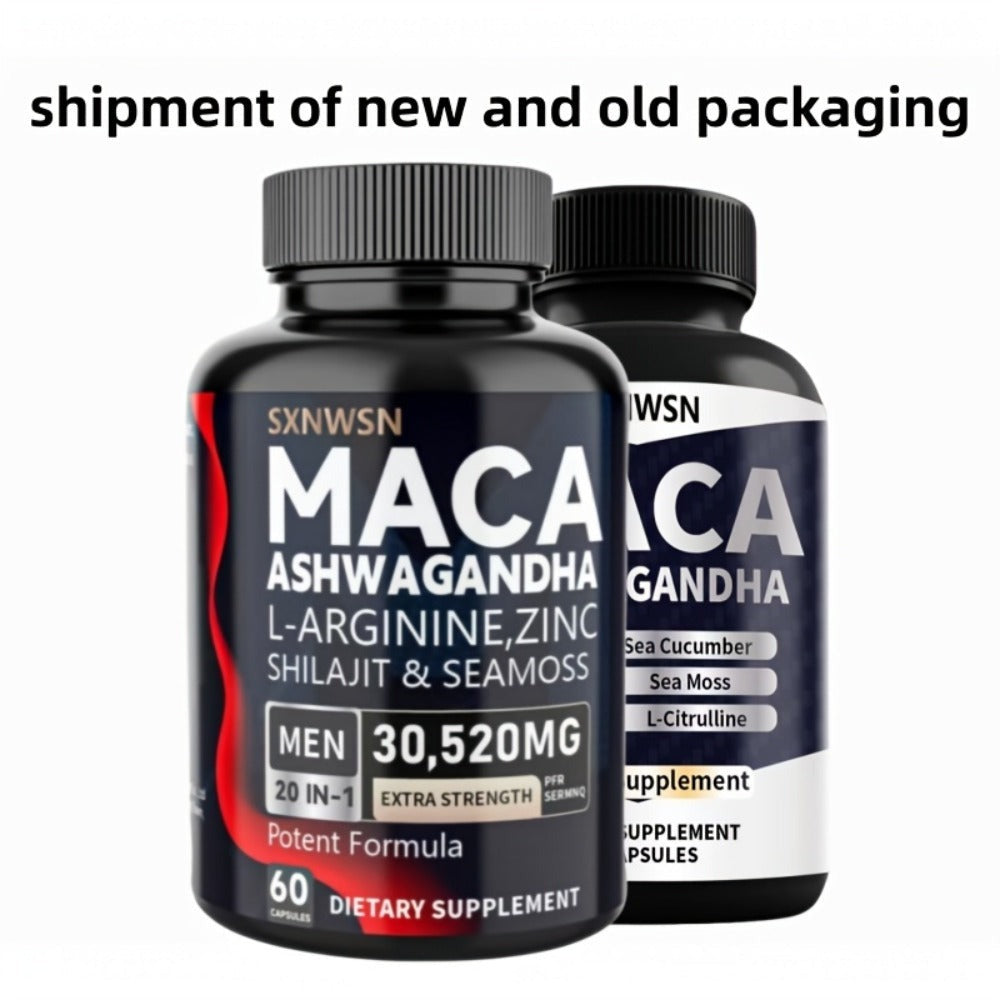 Dietary Supplement Capsules with SXNWSN Label, Sea Moss, Shilajit, Maca, L-Arginine and 60 or 120 Count