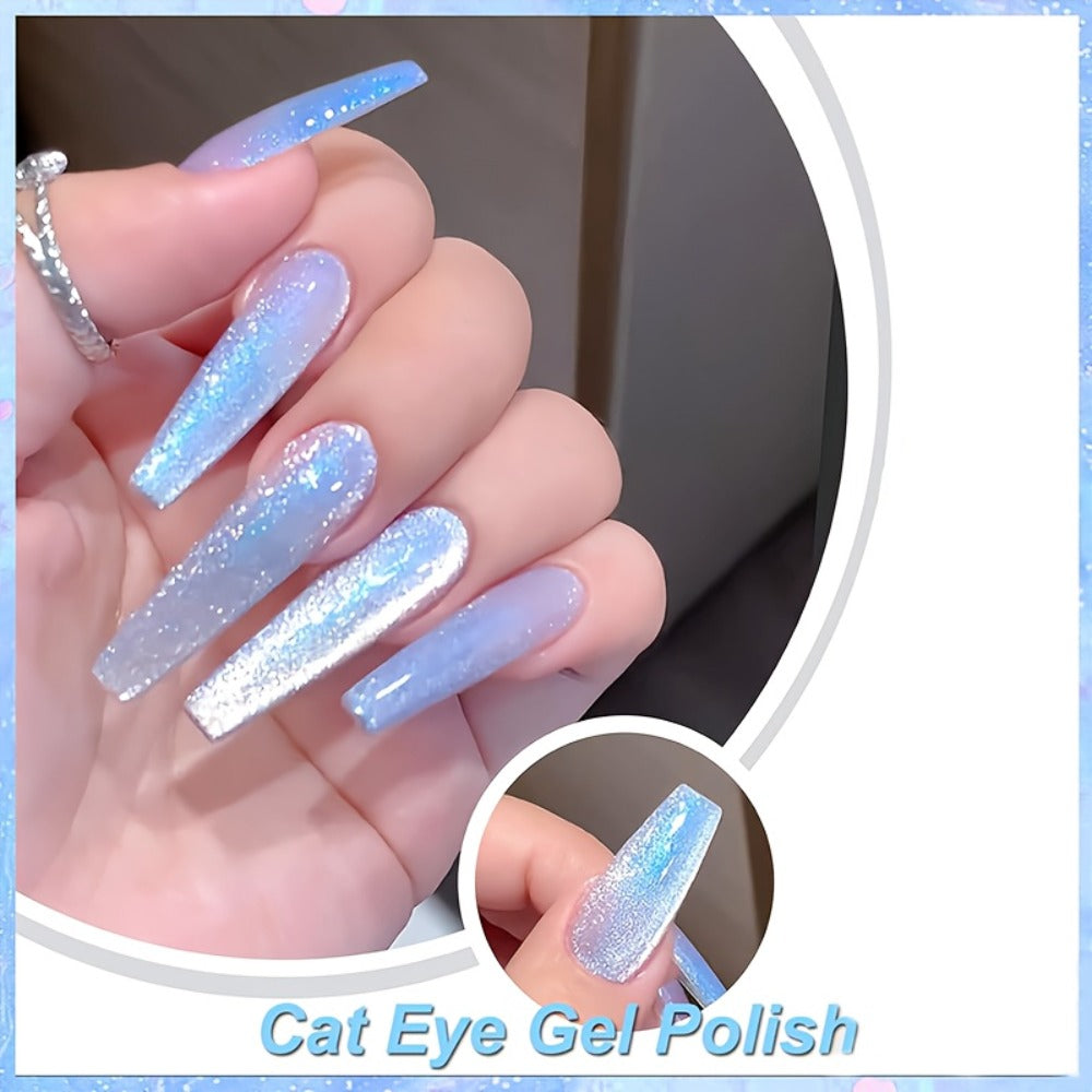 Gel Nail Polish in 10ml Light-Blue Aurora Magnetic Cat-Eye with Holographic Iridescent Shimmer and UV/LED Soak-Off Cure