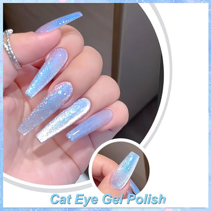 Gel Nail Polish in 10ml Light-Blue Aurora Magnetic Cat-Eye with Holographic Iridescent Shimmer and UV/LED Soak-Off Cure