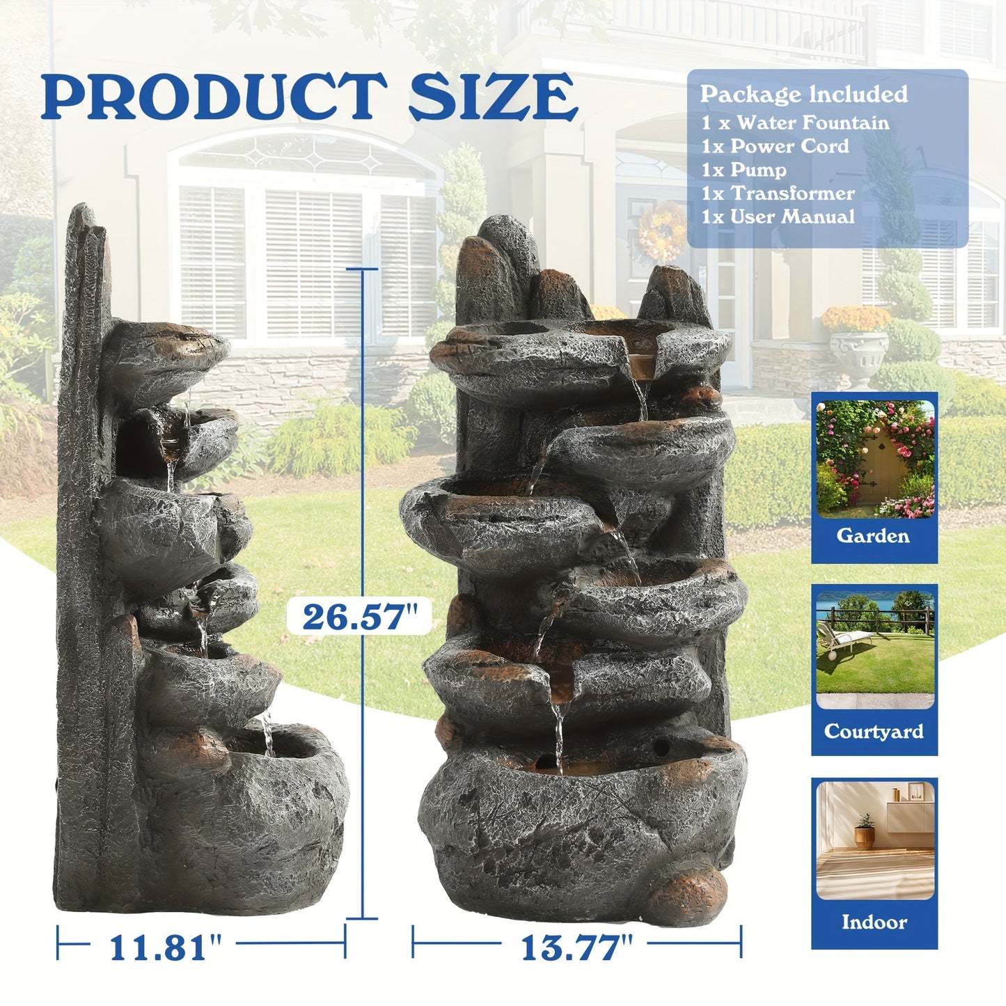 Outdoor Water Fountain 6-Tier Cascading Garden Fountain with LED Lights, Pump & Rocky Peak Decor – IPX5 Waterproof Stone Waterfall for Yard Patio
