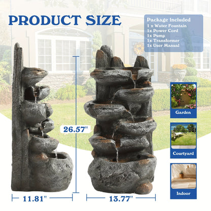 Outdoor Water Fountain 6-Tier Cascading Garden Fountain with LED Lights, Pump & Rocky Peak Decor – IPX5 Waterproof Stone Waterfall for Yard Patio