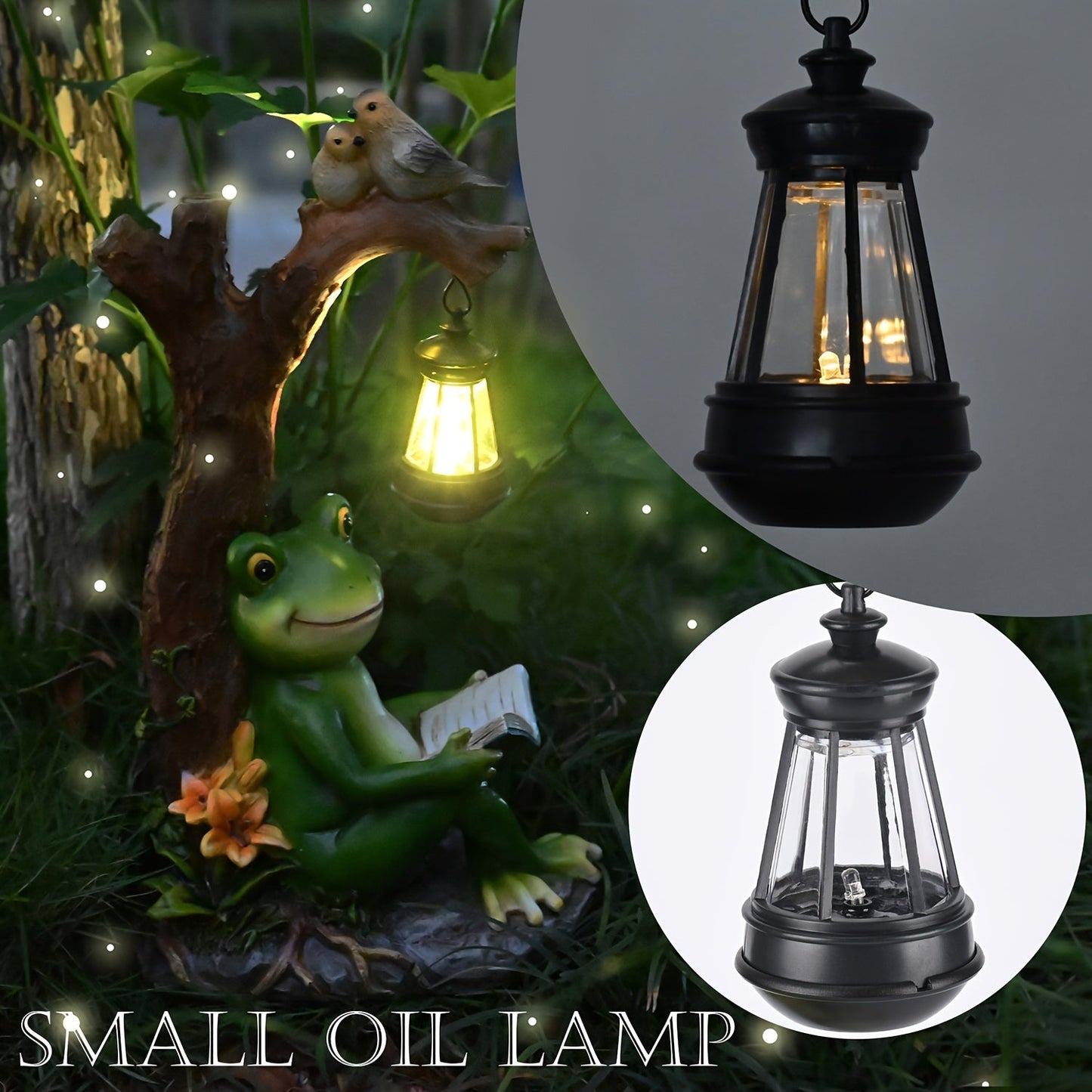 Solar Garden Lights Frog Reading Statue with Lantern, One-Piece Resin Lawn and Patio Ornament