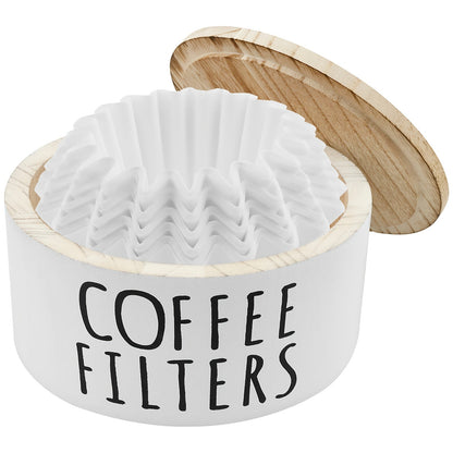 Wooden Coffee Filter Holder with Lid – Large Capacity Rustic Round Organizer Dispenser for Coffee Filters & Tea Bags, Bamboo Lid, Kitchen Countertop Coffee Bar Decor