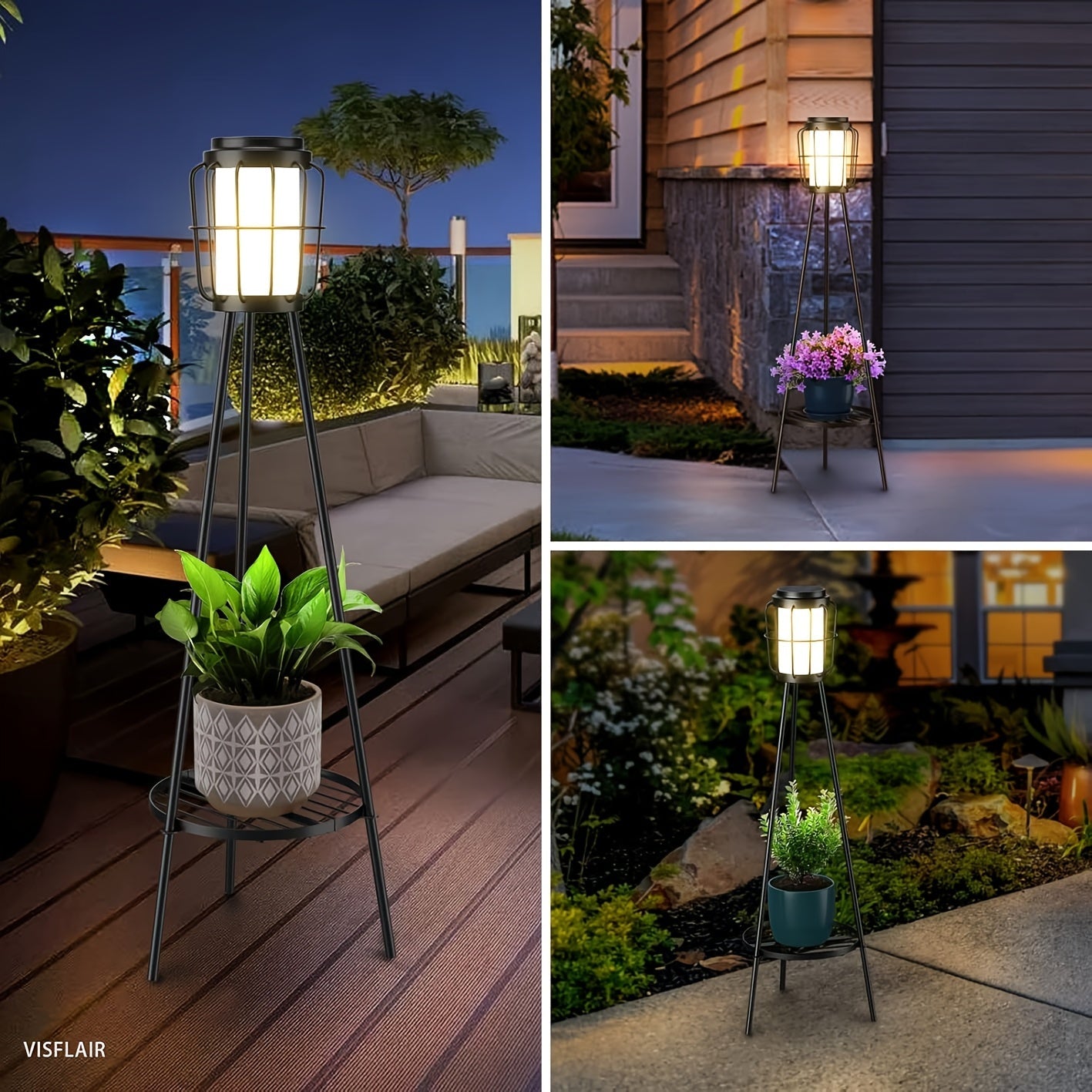 Solar Floor Lamp with Metal Plant Stand 36 Inch Outdoor Solar Light Flower Shelf for Patio Deck Yard Garden Outdoor Decor Gift Set of 2