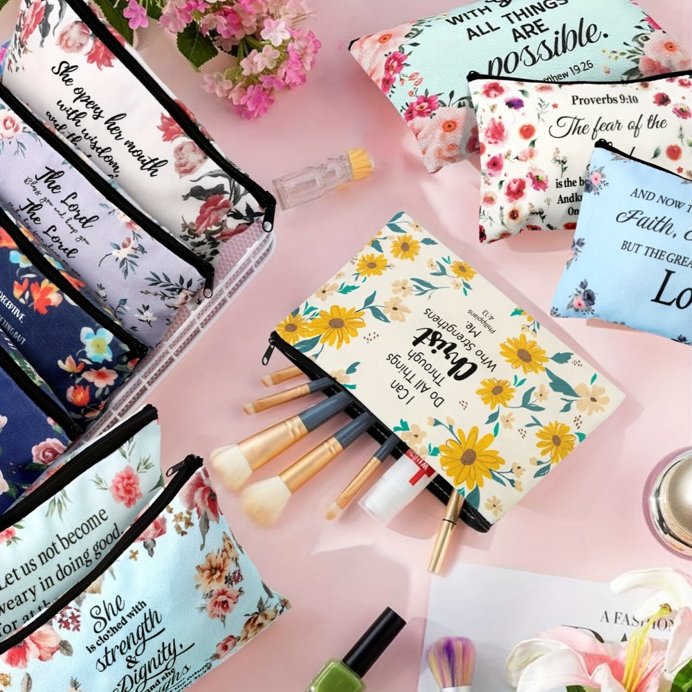 Thirty-Piece Bible Verse Makeup Bag Set with Mixed Printed Designs, 23 x 15cm Pouches and Black Zippers
