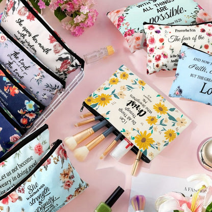 Thirty-Piece Bible Verse Makeup Bag Set with Mixed Printed Designs, 23 x 15cm Pouches and Black Zippers