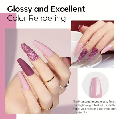 Nude Pink Glitter Dip Powder Kit 4 Colors with Base Coat Top Coat & Activator — All-in-One Beginner Starter Set for French Nail Art Salon & Home Manicure