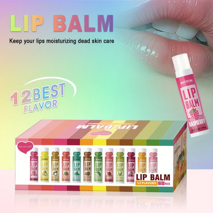 60-Piece Tube Lip Balm Set with 12 Pictured Flavor Labels in a Multicolor Display Box Assortment