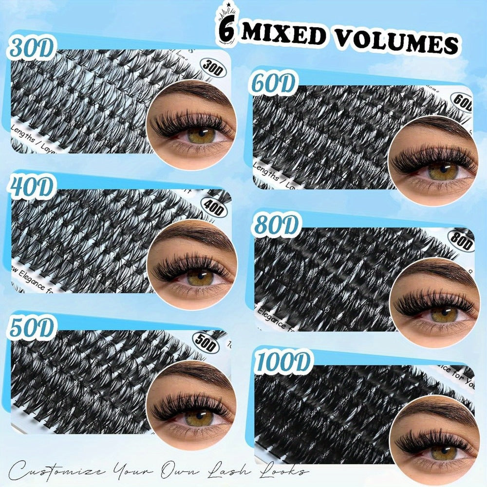 C-Curl Lash Extension Kit with 720 Clusters in 30D-100D Mixed Densities, Bond Product, Tweezers and Brush